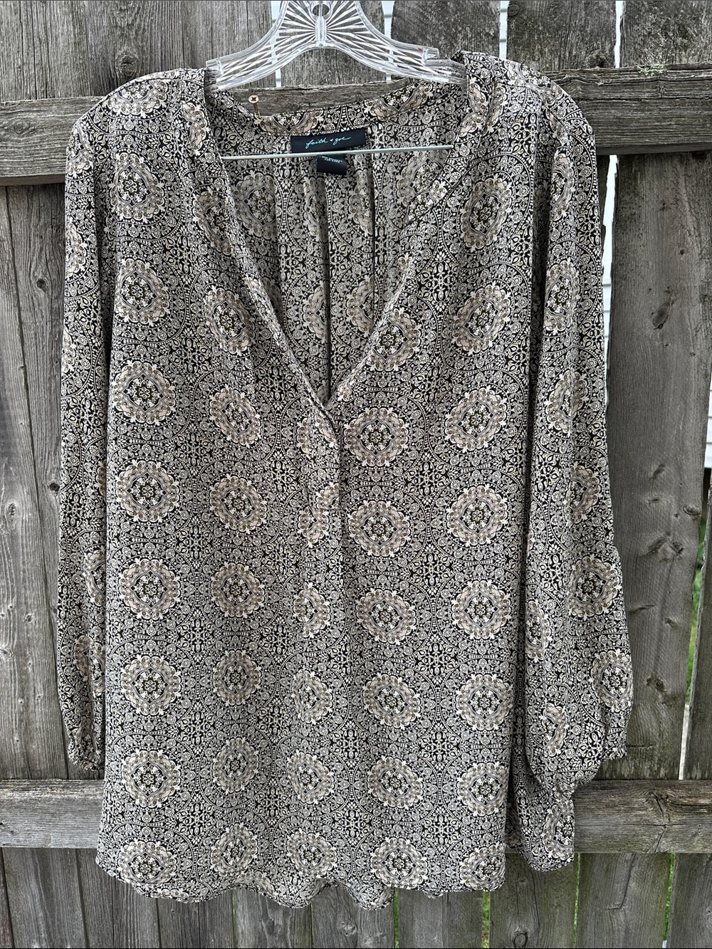 Talbots Black and Cream Printed V-Neck Tunic Blouse